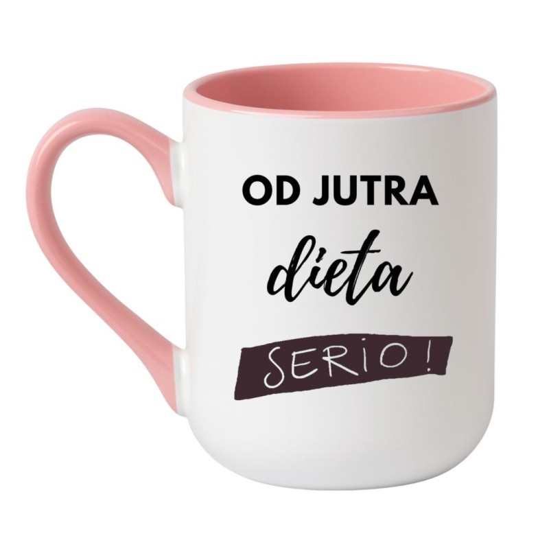 Kubek elegancki biało-różowy 330 ml z nadrukiem o diecie – idealny do domu