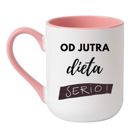 Kubek elegancki biało-różowy 330 ml z nadrukiem o diecie – idealny do domu