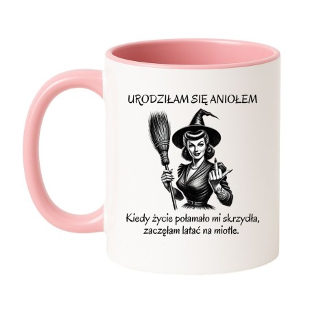 kubek biały z czarownicą i napisem urodziłam się aniołem bestseller prezent