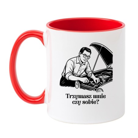 Kubek biało-czerwony 330 ml z zabawną ilustracją mechanika – must-have dla fanów auta