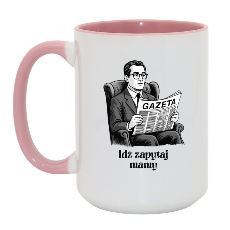 Kubek duży biało-różowy 450 ml z humorystycznym wzorem gazety – do pracy i domu