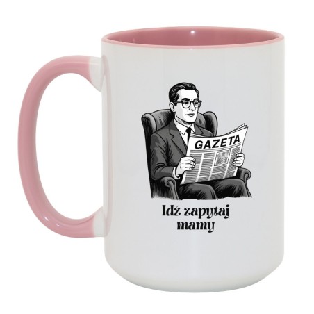 Kubek duży biało-różowy 450 ml z humorystycznym wzorem gazety – do pracy i domu