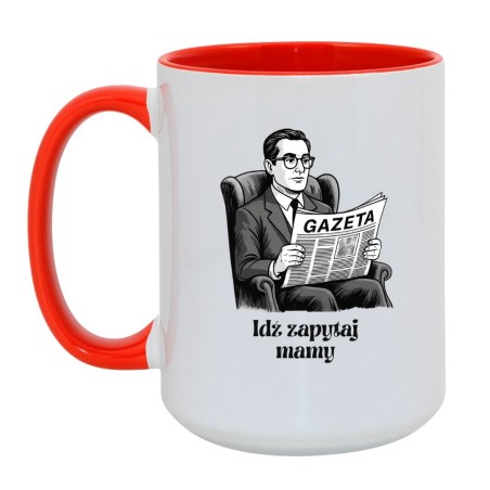Kubek duży biało-czerwony 450 ml z ilustracją pana z gazetą – must-have dla kawoszy