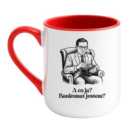 Kubek elegancki biało-czerwony 330 ml z ilustracją portfela – must-have dla fanów kawy
