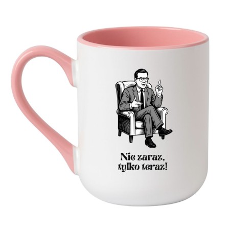 Kubek elegancki biało-różowy 330 ml z ilustracją mężczyzny – gadżet do pracy