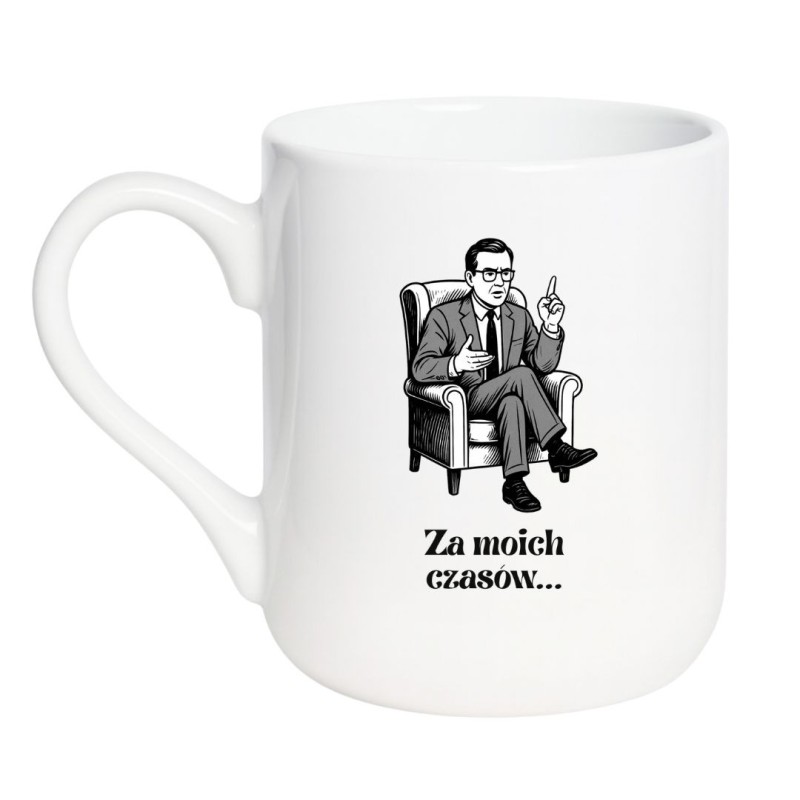 Kubek elegancki biały 330 ml z humorystyczną grafiką seniora – doskonały gadżet do pracy