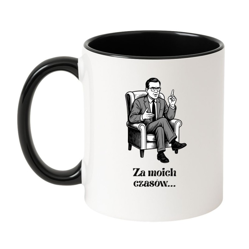 Kubek biało-czarny 330 ml z ilustracją mężczyzny w fotelu – idealny do biura