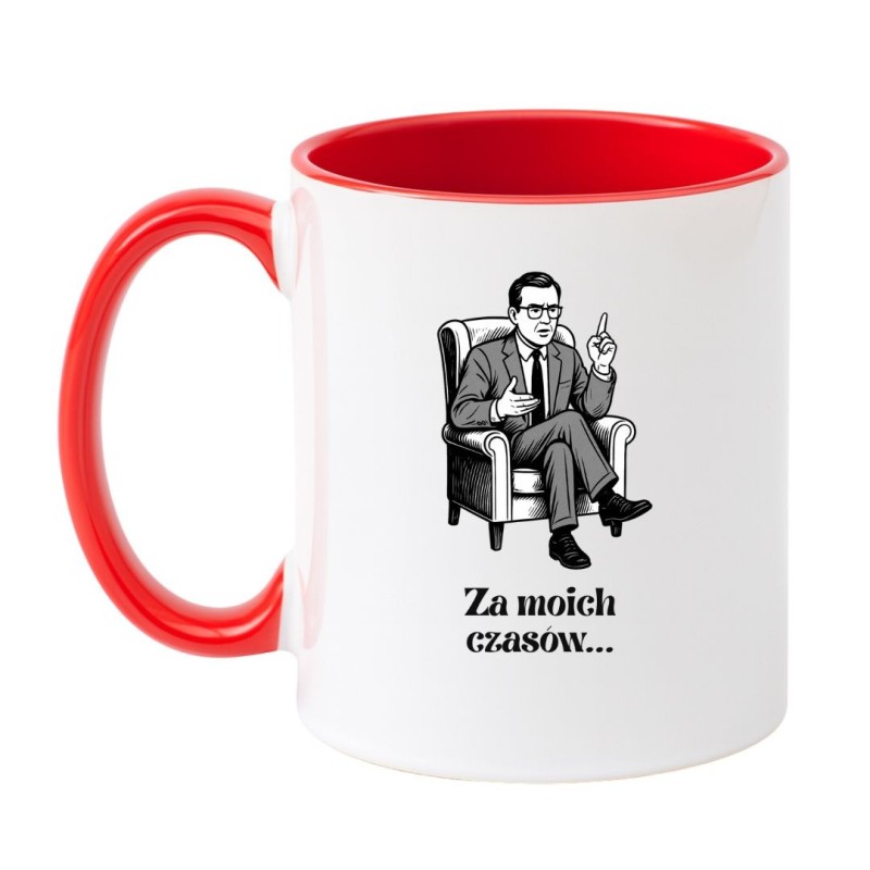 Kubek biało-czerwony 330 ml z zabawną ilustracją seniora – śmieszny kubek z nadrukiem