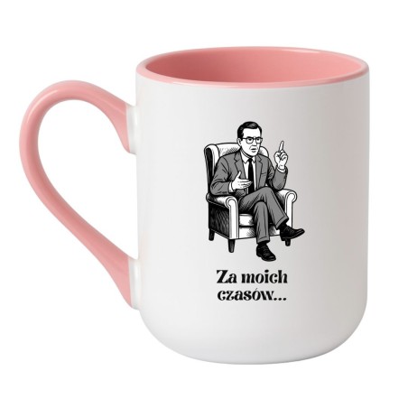 Kubek elegancki biało-różowy 330 ml z grafiką seniora – doskonały gadżet do pracy