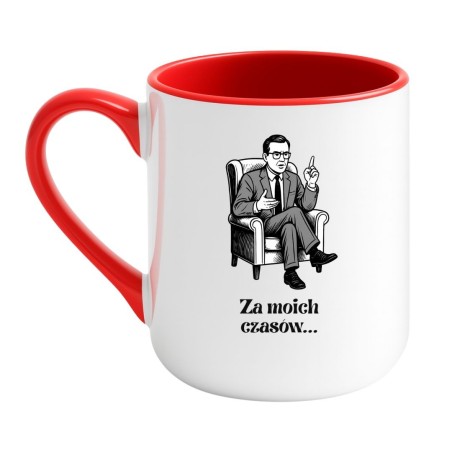 Kubek elegancki biało-czerwony 330 ml z humorystycznym motywem pana w fotelu – kubek bez cenzury