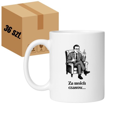 Kubek biały 330 ml – 36 sztuk HURT z ilustracją mężczyzny w fotelu – oferta hurtowa
