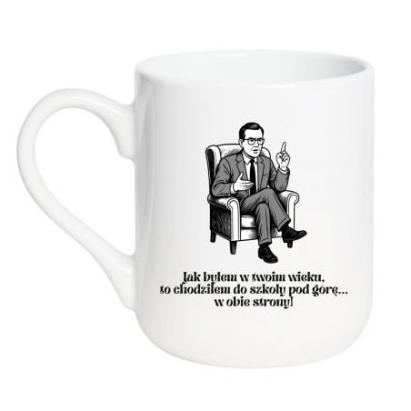 Kubek elegancki biały 330 ml z grafiką starszego mężczyzny – doskonały gadżet do pracy