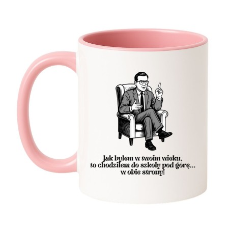 Kubek biało-różowy 330 ml z zabawną ilustracją seniora – must-have do domu