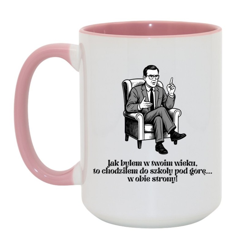 Kubek duży biało-różowy 450 ml z humorystyczną ilustracją mężczyzny – śmieszny kubek na prezent