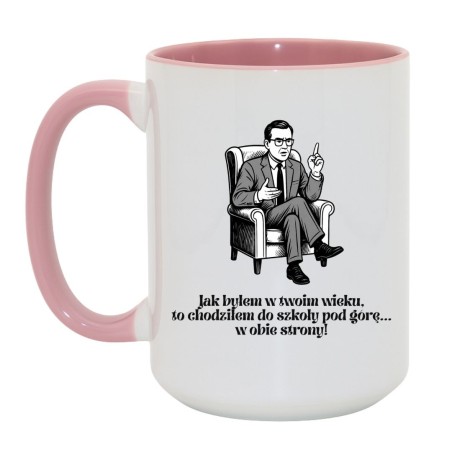 Kubek duży biało-różowy 450 ml z humorystyczną ilustracją mężczyzny – śmieszny kubek na prezent