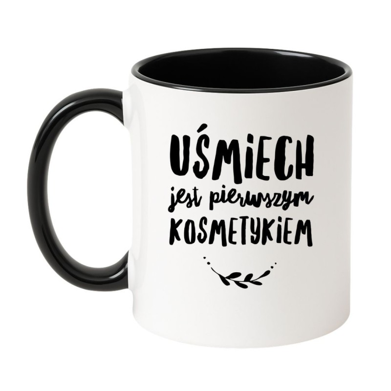 Kubek biało-czarny 330 ml z pozytywnym nadrukiem – sprawdź bestseller