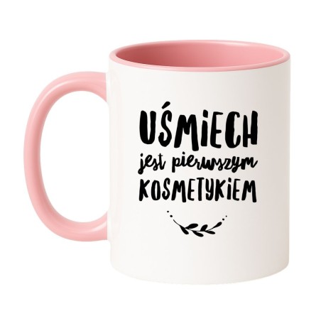 Kubek biało-różowy 330 ml z motywem uśmiechu – doskonały gadżet do pracy
