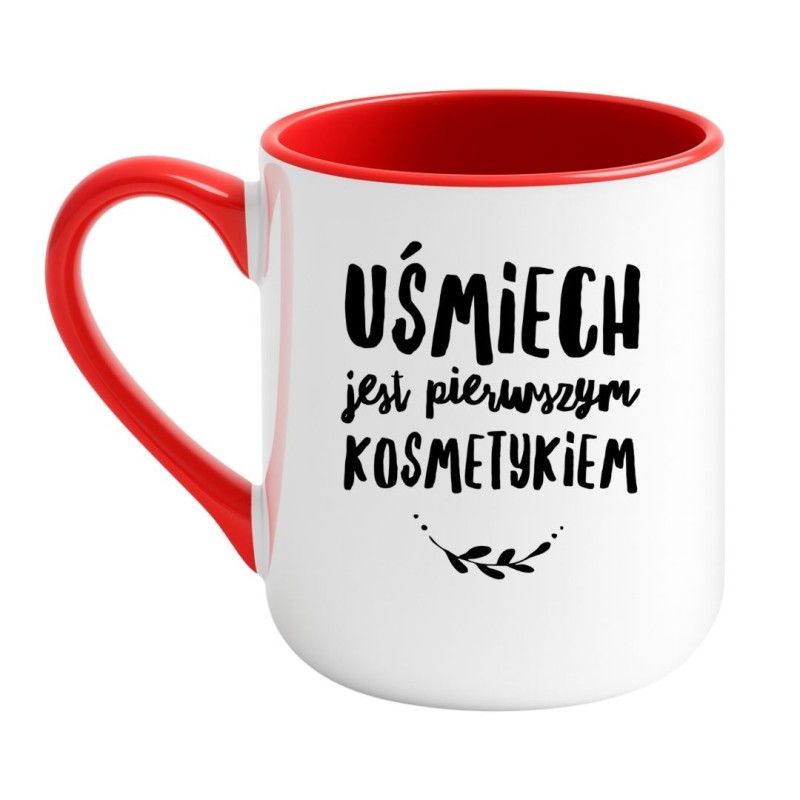 Kubek elegancki biało-czerwony 330 ml z pozytywną ilustracją – świetny do biura