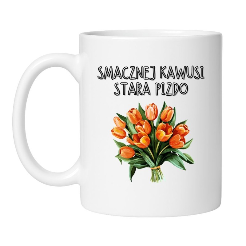 Śmieszny kubek biały 330 ml z chamskim napisem i obrazkiem tulipanów – must-have dla kawoszy
