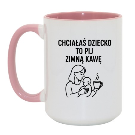 Kubek duży biało-różowy 450 ml z zabawną grafiką mamy trzymającej kubek – do domu