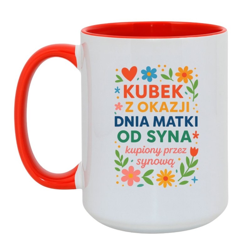 Kubek duży biało-czerwony 450 ml z napisem i motywem kwiatów – śmieszny prezent