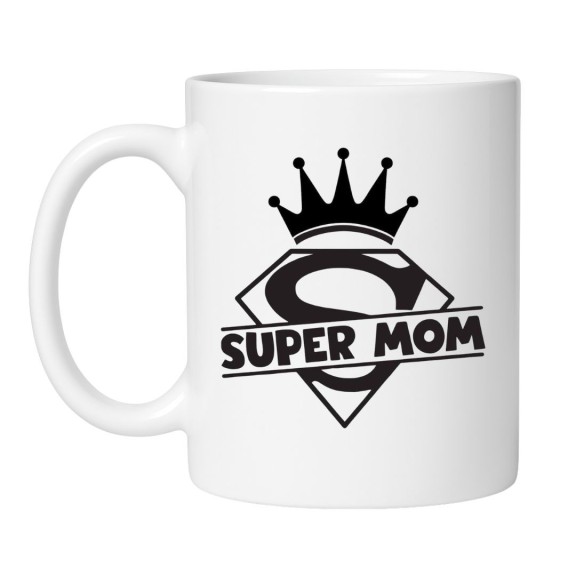 Śmieszny kubek biały 330 ml z grafiką Super Mom — must-have do domu