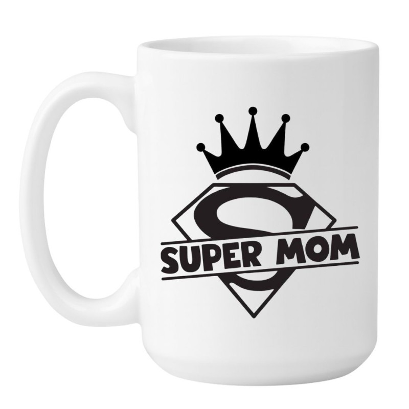 Duży kubek biały 450 ml z wzorem Super Mom — świetny na poranną kawę