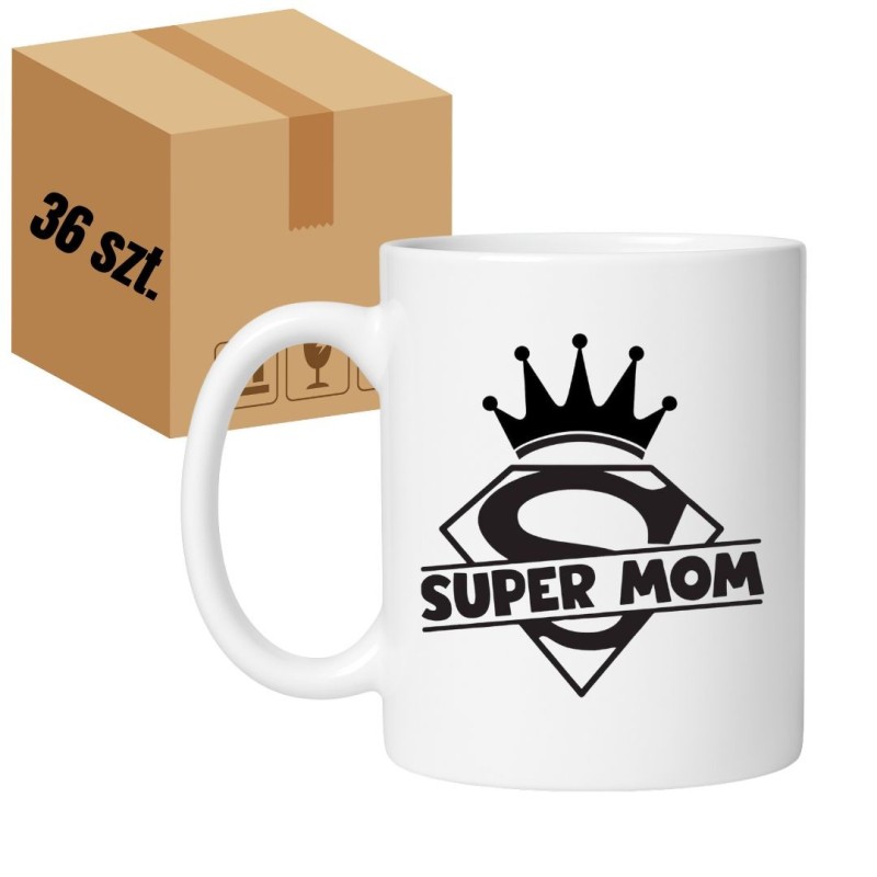 Kubek biały 330 ml z motywem Super Mom — zestaw 36 sztuk HURT