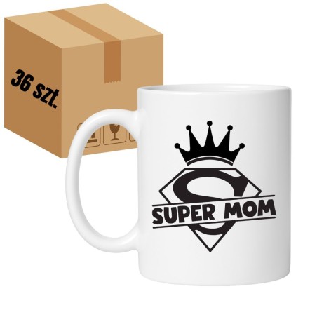 Kubek biały 330 ml z motywem Super Mom — zestaw 36 sztuk HURT