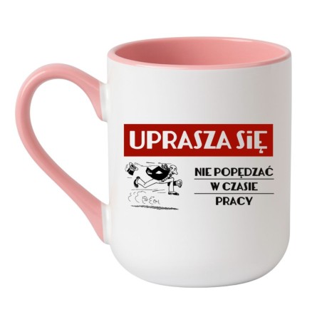Kubek elegancki biało-różowy 330 ml z zabawnym obrazkiem o pracy — śmieszny kubek z nadrukiem