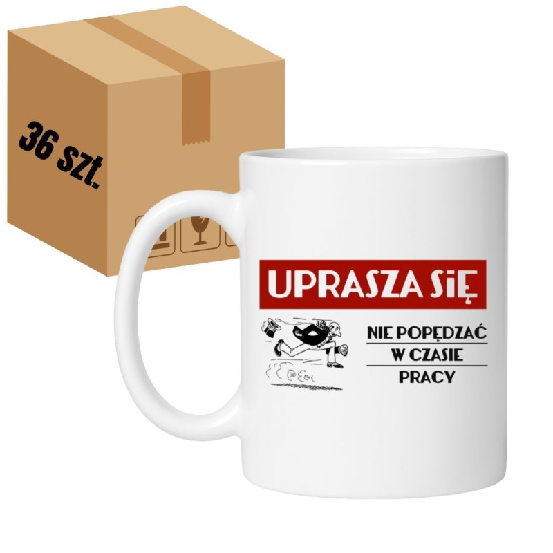 Kubek biały 330 ml z humorystycznym wzorem o pracy — zestaw 36 sztuk HURT