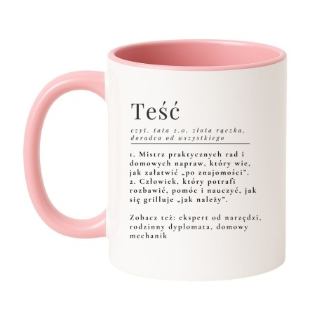 Kubek biało-różowy 330 ml z napisem o teściu — prezent dla domu
