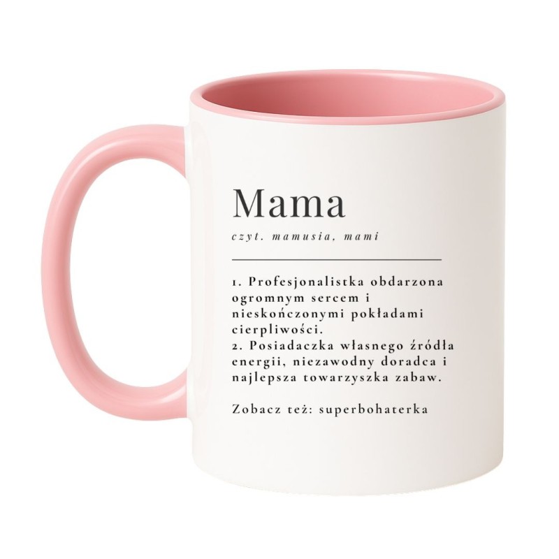 Kubek biało-różowy 330 ml z napisem o mamie — śmieszny prezent