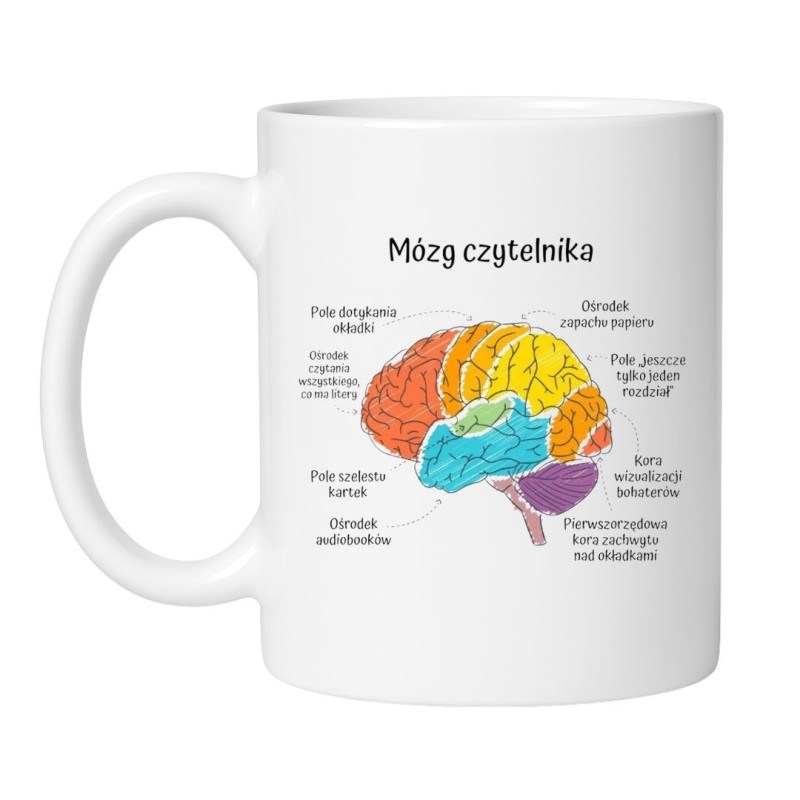 Śmieszny kubek biały 330 ml z ilustracją mózg czytelnika — idealny do domu