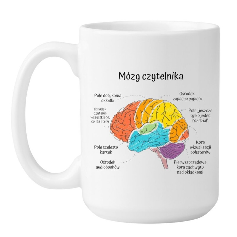 Duży kubek biały 450 ml z humorystycznym motywem mózgu czytelnika — sprawdź bestseller