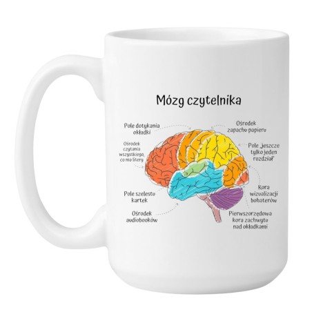Duży kubek biały 450 ml z humorystycznym motywem mózgu czytelnika — sprawdź bestseller