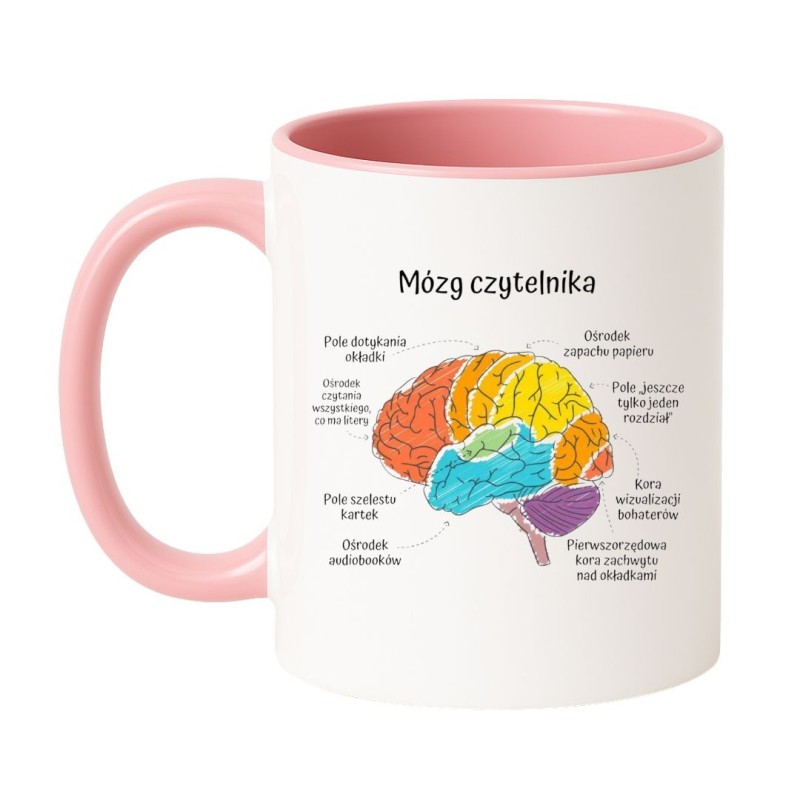 Kubek biało-różowy 330 ml z kolorową ilustracją mózgu czytelnika — śmieszny prezent