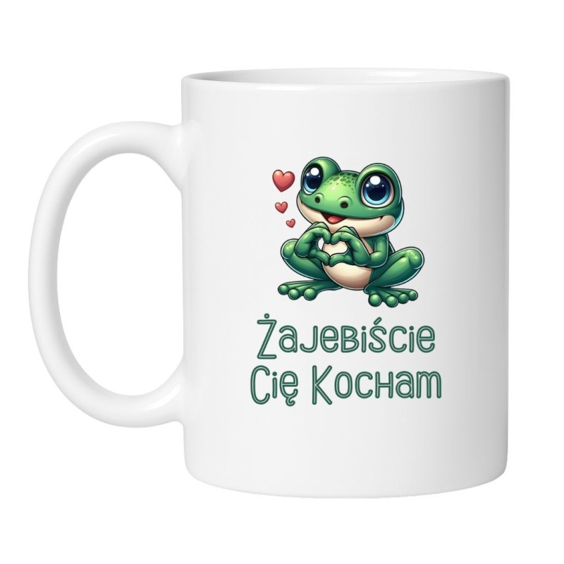 Śmieszny kubek biały 330 ml z żabką i chamskim napisem – must-have do biura