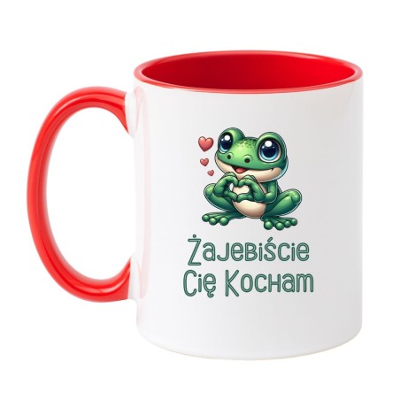 Kubek biało-czerwony 330 ml z motywem żaby i odważnym tekstem – kubek bez cenzury