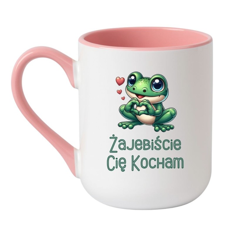 Kubek elegancki biało-różowy 330 ml z grafiką żaby i mocnym napisem – śmieszny kubek