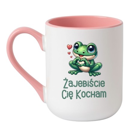 Kubek elegancki biało-różowy 330 ml z grafiką żaby i mocnym napisem – śmieszny kubek