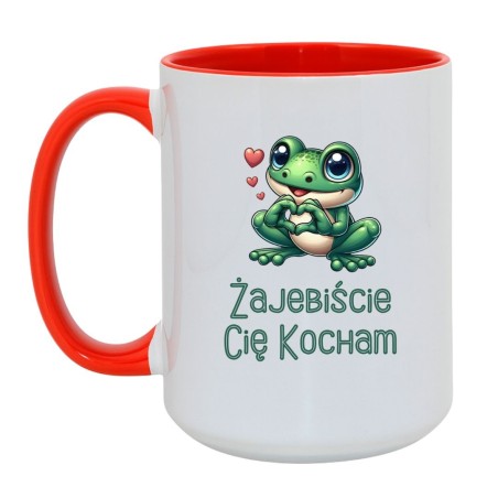 Kubek duży biało-czerwony 450 ml z żabką i humorystycznym tekstem – śmieszny kubek na prezent