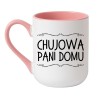różowy kubek z napisem chujowa pani domu