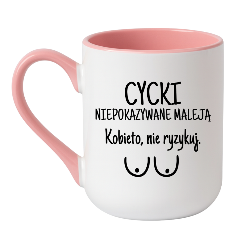 Kubek elegancki biało-różowy 330 ml z humorystyczną ilustracją – przyciąga wzrok