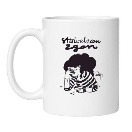 Śmieszny kubek biały 330 ml z zabawną ilustracją – must-have dla kawoszy
