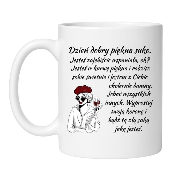 Śmieszny kubek biały 330 ml z nadrukiem bez cenzury i ilustracją, must-have dla fanów kawy