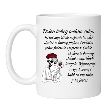 Śmieszny kubek biały 330 ml z nadrukiem bez cenzury i ilustracją, must-have dla fanów kawy