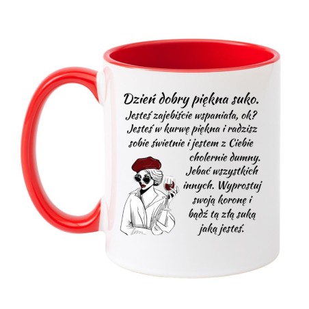 Kubek biało-czerwony 330 ml z wulgarnym motywem i grafiką, śmieszny kubek z nadrukiem