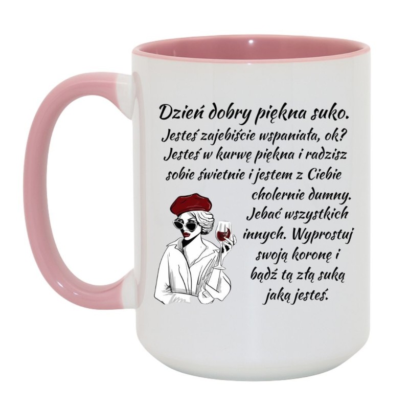 Kubek duży biało-różowy 450 ml z zabawnym wzorem i chamskim napisem, śmieszny prezent