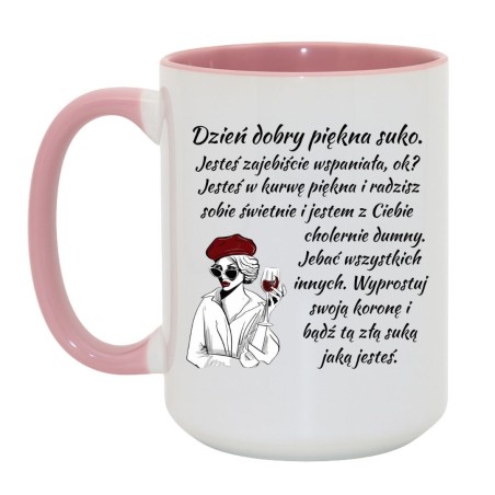 Kubek duży biało-różowy 450 ml z zabawnym wzorem i chamskim napisem, śmieszny prezent